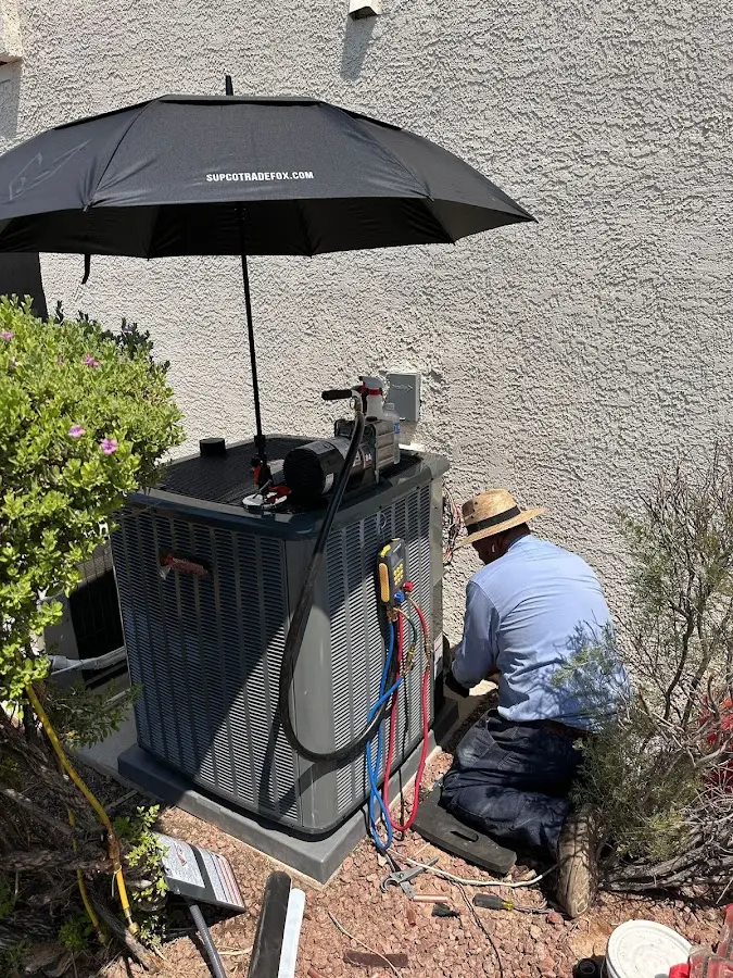HVAC technician performing outdoor AC maintenance in Richton Park